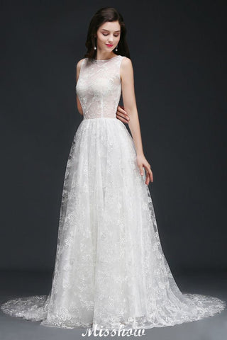 A-line Jewel Court Train Lace Simple Wedding Dresses with Buttons