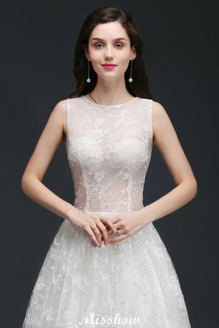 A-line Jewel Court Train Lace Simple Wedding Dresses with Buttons