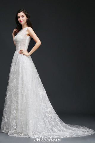 A-line Jewel Court Train Lace Simple Wedding Dresses with Buttons