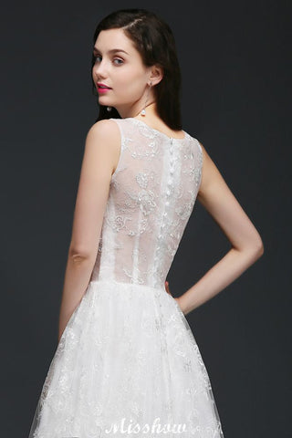 A-line Jewel Court Train Lace Simple Wedding Dresses with Buttons