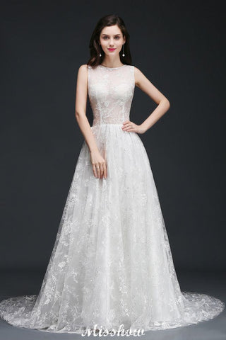 A-line Jewel Court Train Lace Simple Wedding Dresses with Buttons