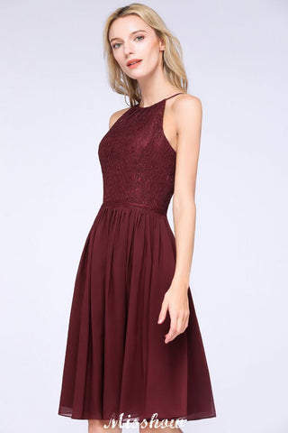 A-line Jewel Sleeveless Knee-Length Bridesmaid Dresses with Ruffle Chiffon Lace Party Dress