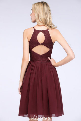 A-line Jewel Sleeveless Knee-Length Bridesmaid Dresses with Ruffle Chiffon Lace Party Dress