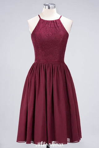 A-line Jewel Sleeveless Knee-Length Bridesmaid Dresses with Ruffle Chiffon Lace Party Dress