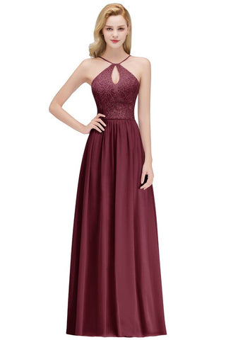 A-line Keyhole Neckline Lace Top Long Spaghetti Bridesmaid Dress