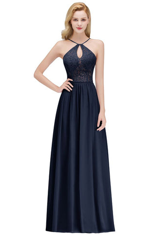 A-line Keyhole Neckline Lace Top Long Spaghetti Bridesmaid Dress