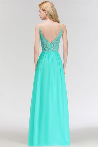 A-line Keyhole Neckline Lace Top Long Spaghetti Bridesmaid Dress