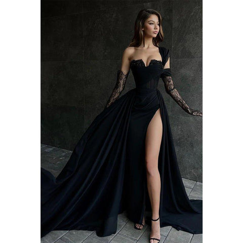 A Line Lace Appliques High Split Black Long Prom Formal Dress