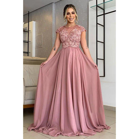 A-line Lace Appliques Short Sleeves Long Mother of The Bride Dress