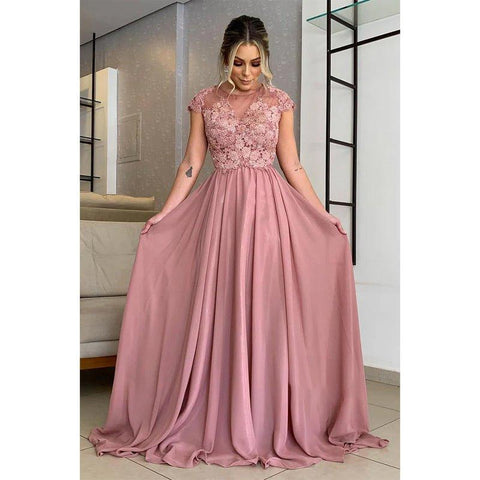 A-line Lace Appliques Short Sleeves Long Mother of The Bride Dress