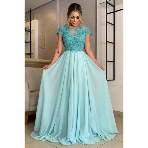 A-line Lace Appliques Short Sleeves Long Mother of The Bride Dress