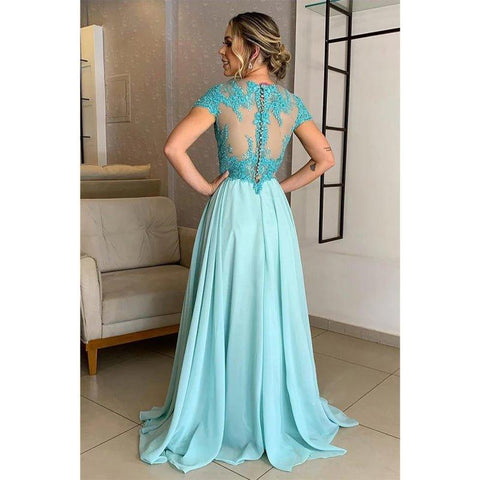 A-line Lace Appliques Short Sleeves Long Mother of The Bride Dress