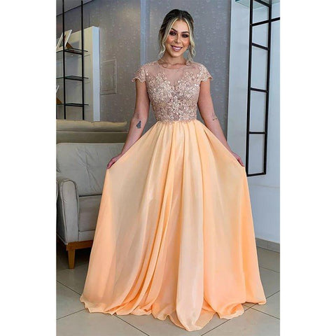 A-line Lace Appliques Short Sleeves Long Mother of The Bride Dress