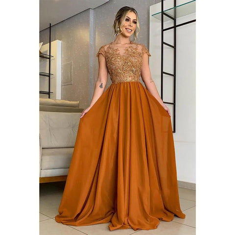 A-line Lace Appliques Short Sleeves Long Mother of The Bride Dress