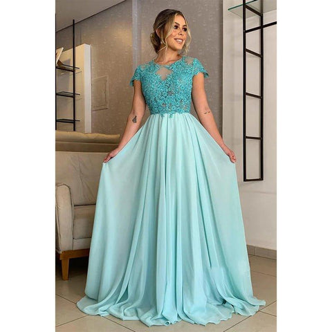 A-line Lace Appliques Short Sleeves Long Mother of The Bride Dress