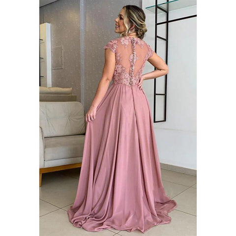 A-line Lace Appliques Short Sleeves Long Mother of The Bride Dress