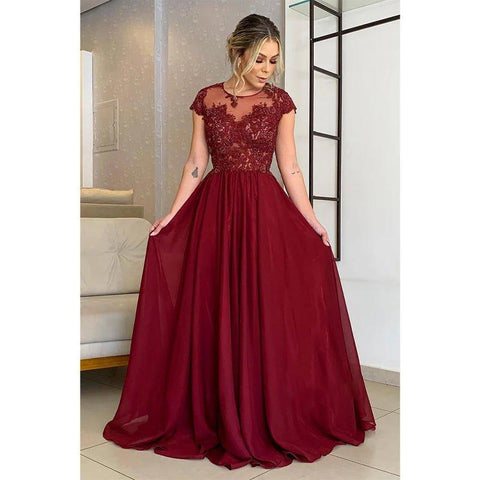 A-line Lace Appliques Short Sleeves Long Mother of The Bride Dress