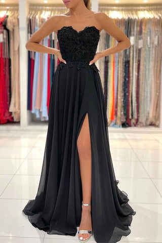 A-line Lace Long Front-Split Prom Dress Off-the-shoulder Evening Dress