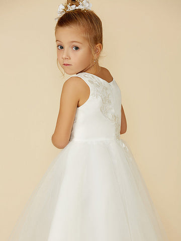 A-Line Lace Tulle Sleeveless Jewel Neck Wedding First Communion Flower Girl Dresses