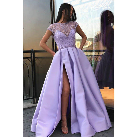 A-line Lilac Satin Illusion Lace Top with Beadings High Split Long Prom Dress with Pockets