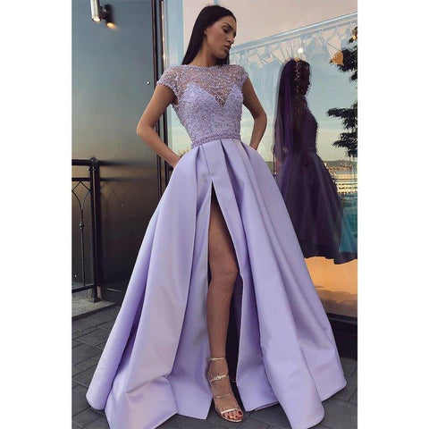 A-line Lilac Satin Illusion Lace Top with Beadings High Split Long Prom Dress with Pockets