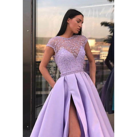 A-line Lilac Satin Illusion Lace Top with Beadings High Split Long Prom Dress with Pockets