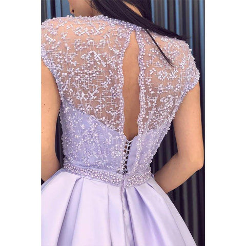 A-line Lilac Satin Illusion Lace Top with Beadings High Split Long Prom Dress with Pockets