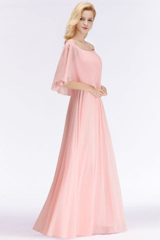 A-line Long Off-the-shoulder Pink Bridesmaid Dresses with Sleeves
