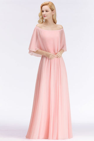 A-line Long Off-the-shoulder Pink Bridesmaid Dresses with Sleeves