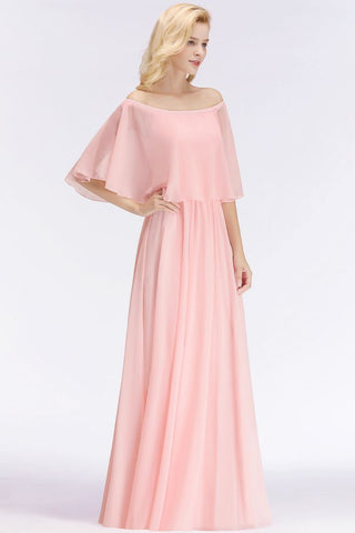 A-line Long Off-the-shoulder Pink Bridesmaid Dresses with Sleeves