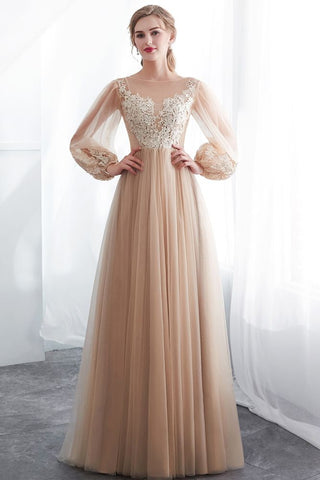 A-line Long Sleeves Appliques Tulle Champagne Evening Dress