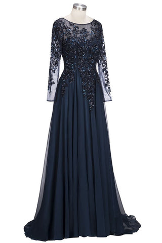 A-line Long Sleeves Plus Size Floor Length Crystals Tulle Prom Dresses