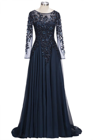 A-line Long Sleeves Plus Size Floor Length Crystals Tulle Prom Dresses