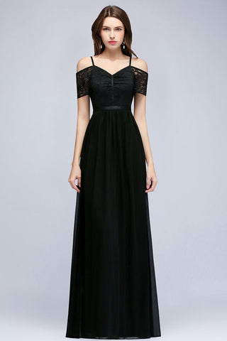 A-line Long Spaghetti V-neck Black Lace Chiffon Bridesmaid Dress