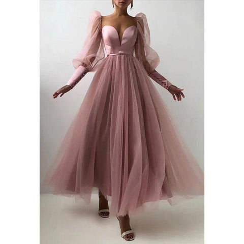 A Line Low V Neck Long Sleeves Pleated Tulle Long Prom Evening Dress