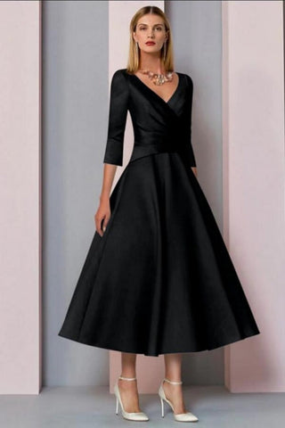 A-Line Mother of the Bride Dress Vintage Plus Size Ankle Length Satin 3/4 Length Sleeve