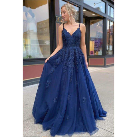 A-line Navy Blue Tulle Appliques Long Prom Dress Formal Evening Gowns
