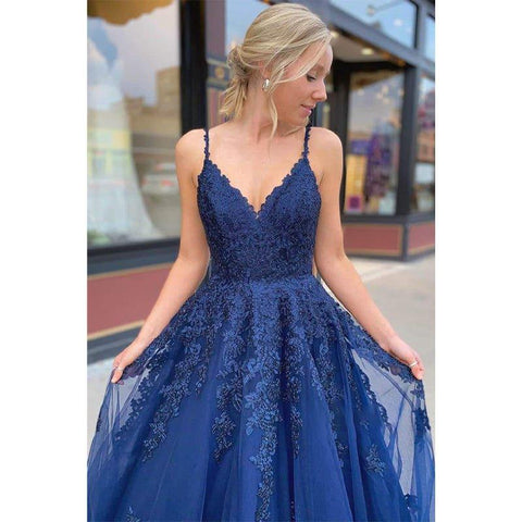 A-line Navy Blue Tulle Appliques Long Prom Dress Formal Evening Gowns