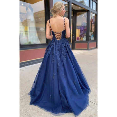 A-line Navy Blue Tulle Appliques Long Prom Dress Formal Evening Gowns