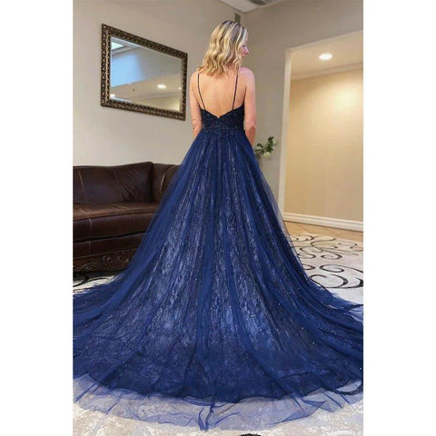 A-line Navy Blue Tulle Beaded Spaghetti Straps Long Prom Dress