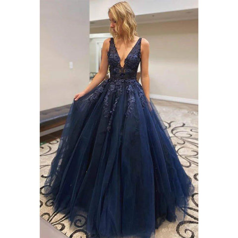 A-line Navy Tulle Appliques with Beadings Long Senior Prom Dress