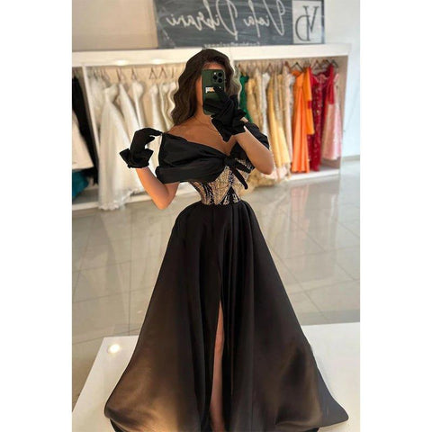 A-line Off-shoulder Beaded Waist Satin Long Prom Dress Evening Gowns