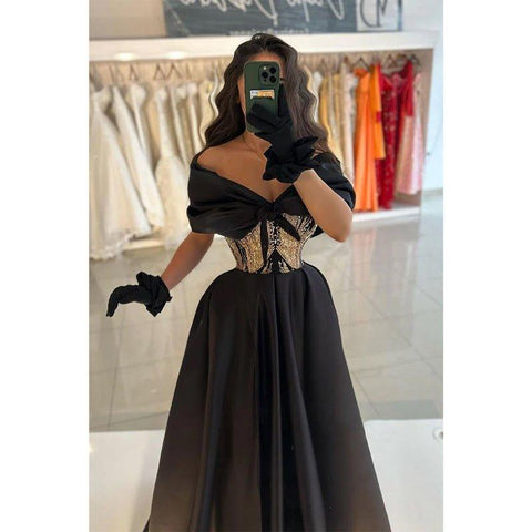 A-line Off-shoulder Beaded Waist Satin Long Prom Dress Evening Gowns