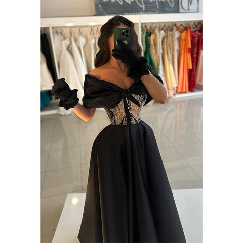 A-line Off-shoulder Beaded Waist Satin Long Prom Dress Evening Gowns