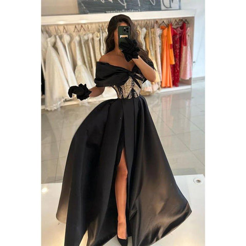A-line Off-shoulder Beaded Waist Satin Long Prom Dress Evening Gowns