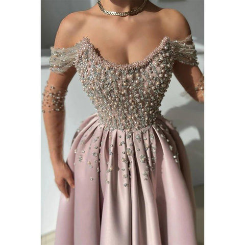 A-line Off-shoulder Beaded with Side Slit Party Prom Evening Dress