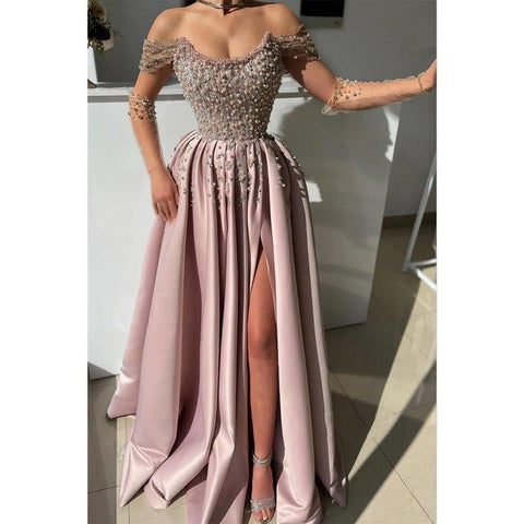 A-line Off-shoulder Beaded with Side Slit Party Prom Evening Dress