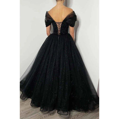 A Line Off Shoulder Beads Black Sparkly Formal Evening Gowns