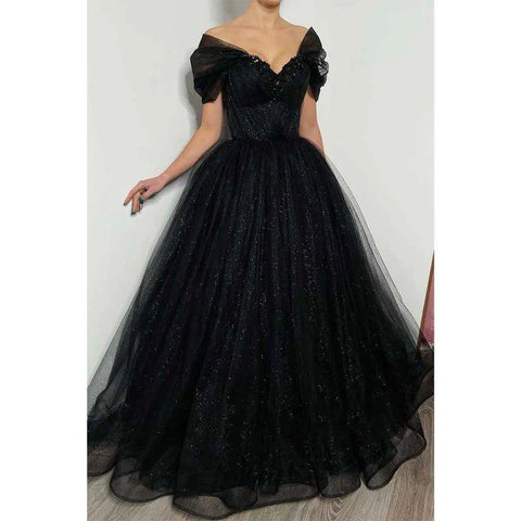A Line Off Shoulder Beads Black Sparkly Formal Evening Gowns