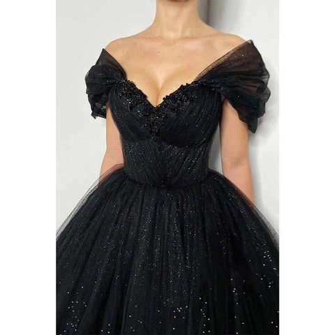 A Line Off Shoulder Beads Black Sparkly Formal Evening Gowns